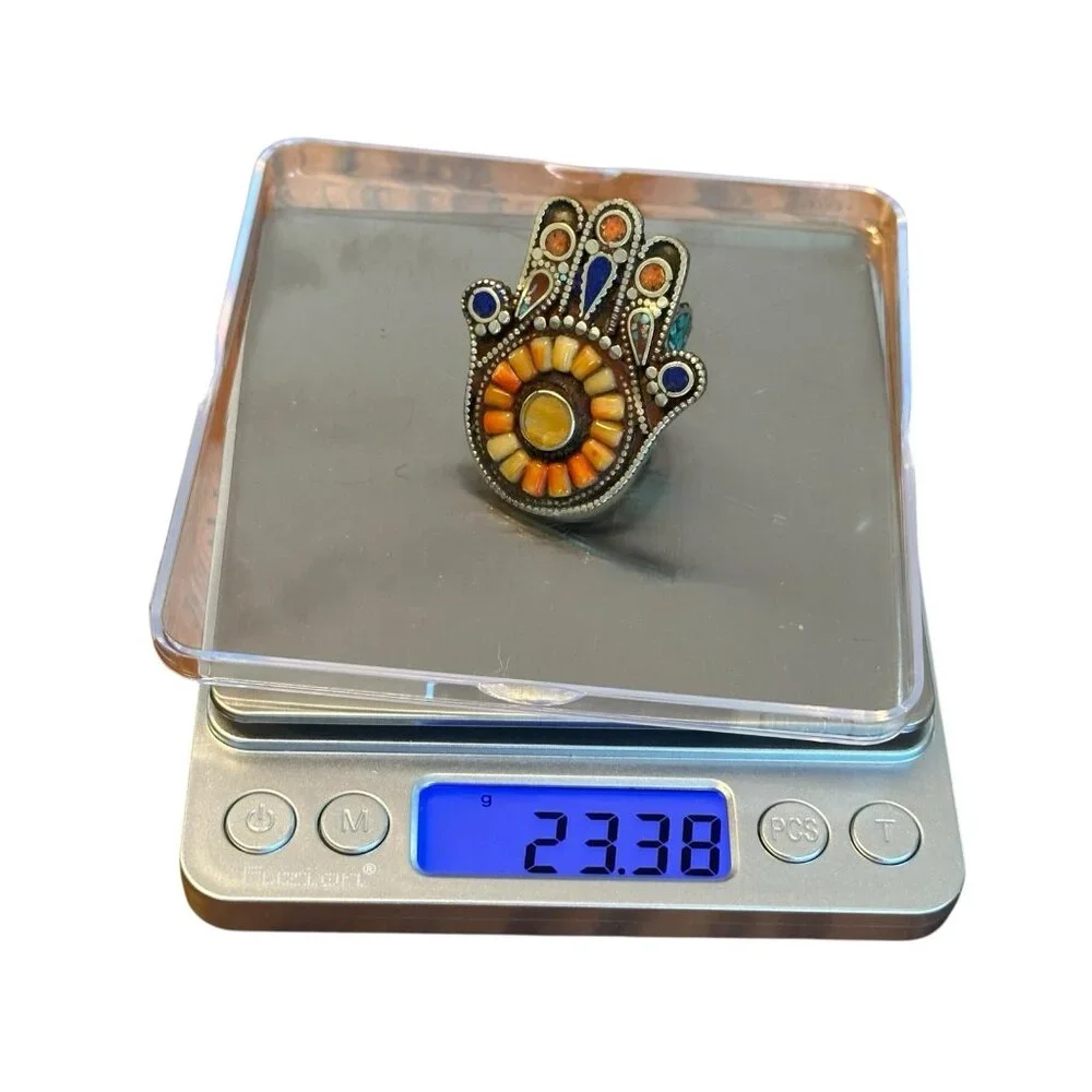 Large Southwestern Silver Tone Hamsa Hand Ring Turquoise Lapis Coral Size 8.5‎